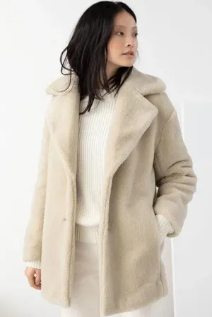 & Other Stories Cream Faux Fur Wool Blend Collared Coat thumbnail 1
