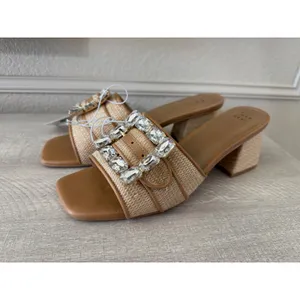 A New Day Kathleen Beige Raffia Crystal Buckle Block Heel Slide Sandals Size 10 thumbnail 3