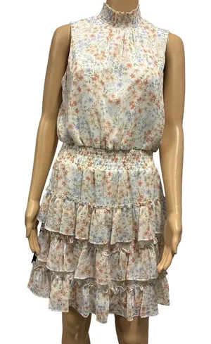 MSK Cream Floral High Neck Sleeveless Ruffled Tiered Mini Dress Womens Medium thumbnail 1