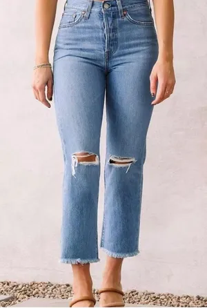 Levi’s Wedgie Straight Jeans Women’s 26 Button Fly Frayed Hem Blue Denim thumbnail 1