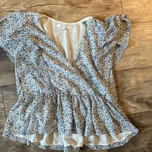 Madewell Blue and White Flutter Sleeve Wrap Blouse thumbnail 1