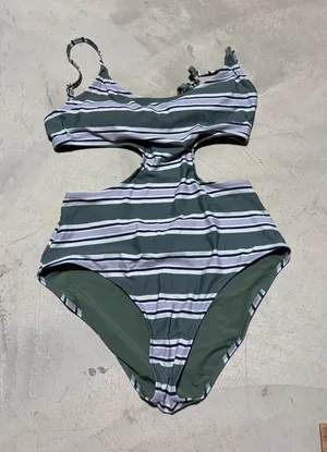 Aerie Striped Green Cutout One-Piece full coverage Swimsuit small thumbnail 1