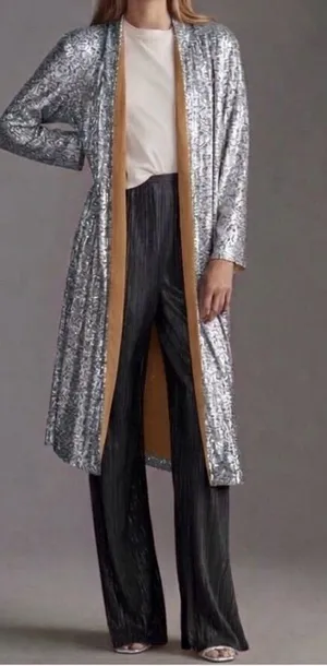 ANTHROPOLOGIE MARE MARE X Women’s Silver Sequin Duster Open Front Jacket Size S thumbnail 1