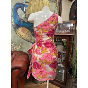 Showpo Brailey Dress One Shoulder Pink Gold Floral Jacquard Wrap Mini US 0 thumbnail 5