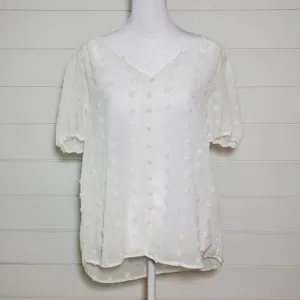 E&M Women’s Button Front Large Swiss Dot‎ White Top Short Sleeve V-Neck Size L thumbnail 2