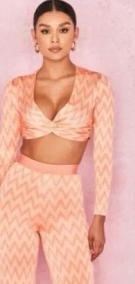 House of CB Bertille ZigZag Peach Long Sleeve Crop Top Small thumbnail 1