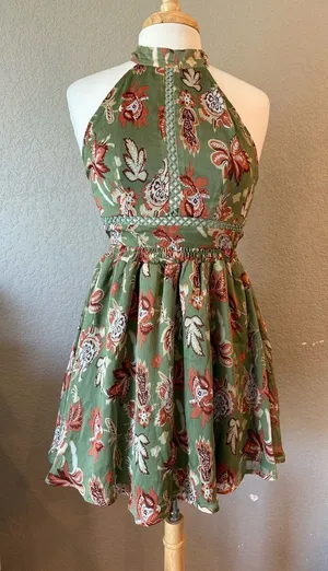 Angel Biba Size 8 Olive Floral Halter Mini Dress Boho Fit & Flare thumbnail 1