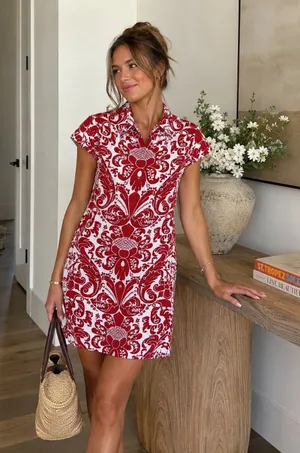 Alice + Olivia Shirt Dress Dress Womens S Red White Damask Flutter Sleeve thumbnail 1