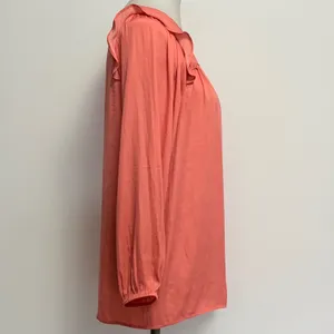 LOFT Outlet Blouse Size M Coral Ruffle Shoulder Long Sleeve Pleated Top Preppy thumbnail 4