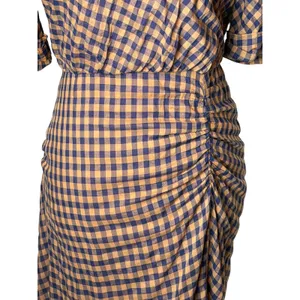 MINE Gingham Midi Dress Women Small Orange Blue Ruched Puff Sleeve Preppy Retro thumbnail 8