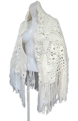 Hand Crafted Crotched Off White Fringed Hem Shawl thumbnail 1