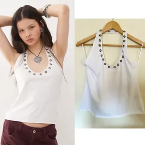 Weekday Halterneck Tank Top Womens Sz Medium‎ White with Silver Eyelet detail thumbnail 2