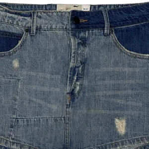 FREE‎ PEOPLE Denim Mini Skirt Women’s Size 27 2 Tone Blue Distressed Button Fly thumbnail 2