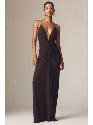 Ronny Kobo Anya V-Neck Column Jersey Maxi Dress in Chocolate Brown XSmall Womens thumbnail 16
