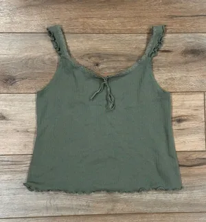 AERIE Comfy Loungewear Boho Olive Green Cropped Ruffle Tank Top | Size Medium thumbnail 1