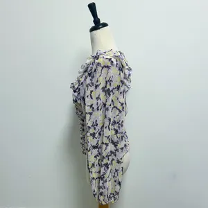 Free People Mabel Lilac Combo Purple Yellow Floral Sheer Puff Sleeve Top Large thumbnail 4
