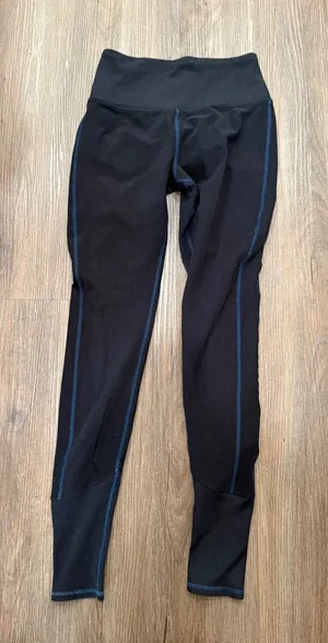 Alo Yoga Womens High Waist Ribbed Cuff Leggings Black Blue Contrast Stitch 3886 thumbnail 1