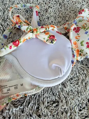 Amazon Light Beige Padded Colorful Floral Back-Tie Swim Top | Size Medium thumbnail 3