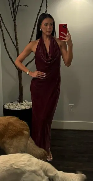 Zara maxi holiday dress velour Velvet Halter in Burgundy wedding party evening thumbnail 3