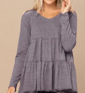 Oddi Charcoal Grey Babydoll Tiered‎ Long Sleeve Top thumbnail 1