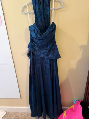 BRAND NEW Azazie Navy Blue Strapless Jacquard Evening Gown with Scarf thumbnail 3