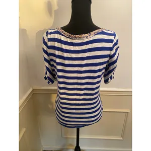 Anthropologie Postmark Blue White Striped Mixed Media Pocket Tee Ruched Sleeve thumbnail 5