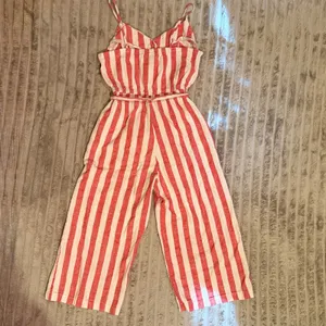 Kensie Jeans Red White Striped Linen Blend Wide Leg Cropped Jumpsuit Medium thumbnail 7