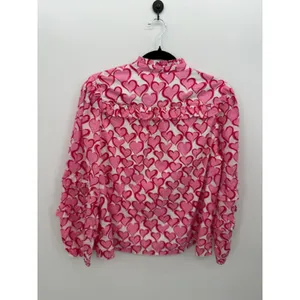 Crown & Ivy Womens Large Pink White Heart Print Ruffle Clip Dot Cotton Blouse thumbnail 3