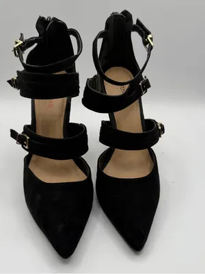 JustFab Kamryn Heels 7.5 Black Strappy Pointed Toe Stiletto Buckle Goth thumbnail 2