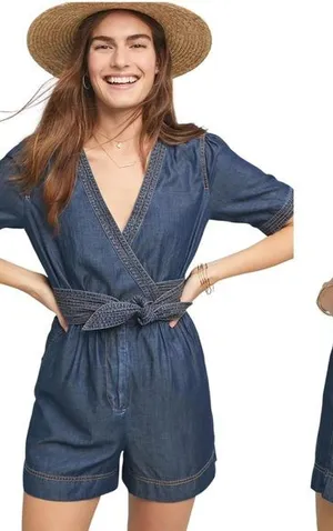 Pilcro by Anthropologie Blue Chambray Denim Tie‎ Waist Wrap Bodice V-Neck Romper thumbnail 1