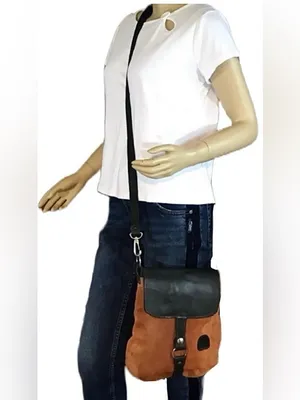 El Ceibo Handcrafted Tan Suede And Black Leather Crossbody Messenger Bag thumbnail 2