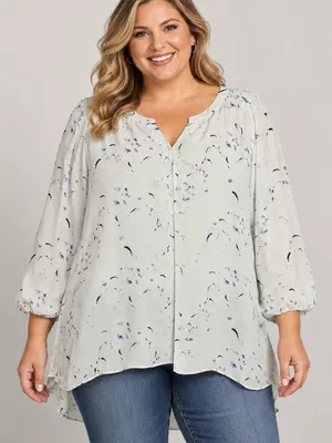 Kaari Light Blue 3X Floral Print Blouse Hi Low Hem 3/4 Sleeve Boho Tunic Top thumbnail 1