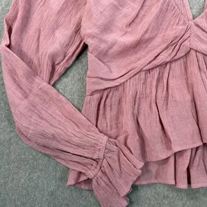 Free People Women's XS Pink Ruched Deep V-Neck Daia Top Peplum Long Sleeve thumbnail 6