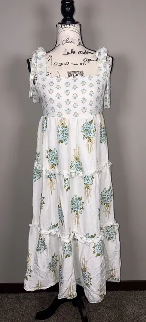 August Sky Boutique Womens Blue Floral Tie Strap Tiered Dress Size Medium thumbnail 1