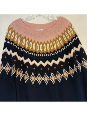 Crown Ivy Preppy Fair Isle Nordic Knit Pullover Soft Sweater Navy Pink Gold Sz M thumbnail 3