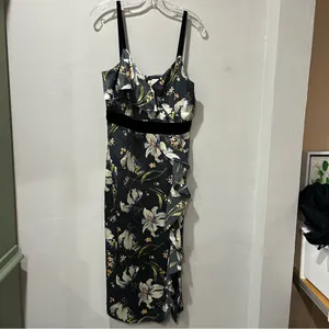 Cinq à Sept Leena Floral Print Midi Dress Size 10‎ 100% Silk with Velvet … thumbnail 4