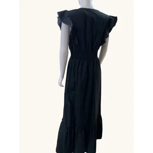 Molly Bracken Black Cotton Ruffle Maxi Dress Smocked Waist V-Neck‎ Size M thumbnail 6