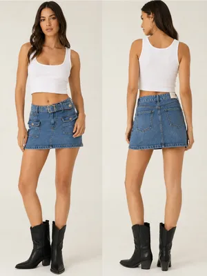 NWT Forever 21 Belted Denim Cargo Mini Skirt Utility Y2K Size Large thumbnail 2