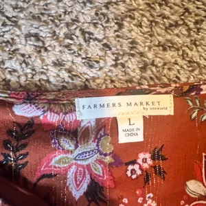 Farmers Market One World Rust Floral‎ Boho Peasant Top Metallic Lurex Tassels L thumbnail 2