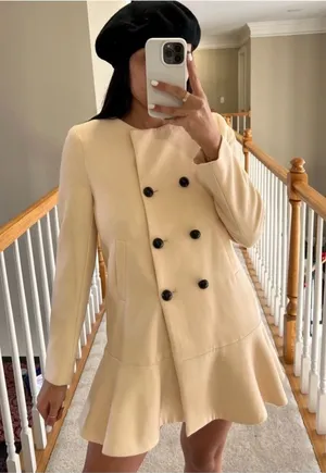 Zara NWT ivory cream double breasted buttons ruffle hem pea coat mini dress thumbnail 1