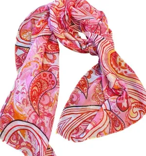 Beautiful Pink Flowy Paisley Scarf Size Approximately 71 1/2” x 12” thumbnail 1