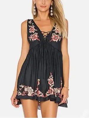 Free People Intimately Aida slip dress Vneck navy pink floral embroidered Small thumbnail 2