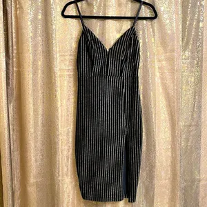 Windsor black velvet and gold glitter pinstripe pencil dress, size S thumbnail 2