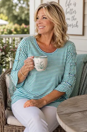 Lulu B Small Aqua Stripe UPF Top Lace Sleeve Coastal Beach Resort Cruise thumbnail 1