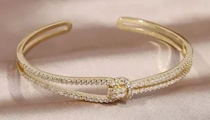 Women's 18k Gold‎ Plated Knot Bling Simulated Diamond Cuff Bracelet, Adjustable thumbnail 1