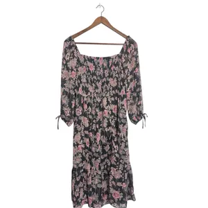 LC Lauren Conrad Black Pink Floral Cottage Romantic Smocked Bodice Midi Dress thumbnail 4