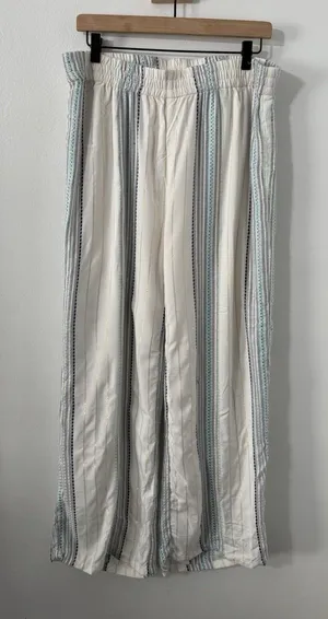 Krazy Kat Pants Womens Sze Med Ivory Blue Metallic Striped Wide Leg Pull On thumbnail 1