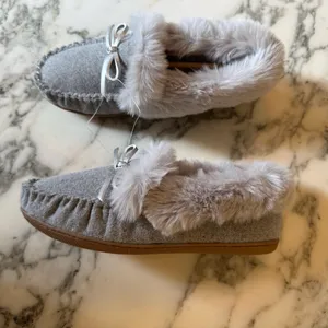 NWT J.Crew womens faux shearling grey moccasin slipper size 8 sold out! thumbnail 10