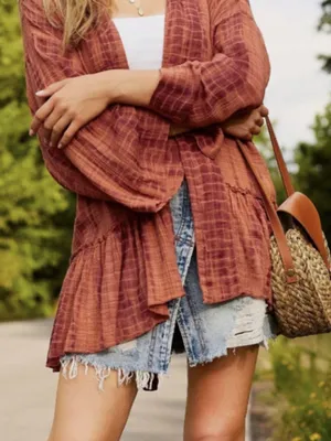 Free People FP One Sasha Kimono Gauze Belted Cardigan Boho Hippie Coral Purple thumbnail 6
