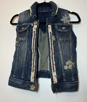 Dark Wash Distressed Embellished Distressed Denim Jean Vest XS‎ Y2K Unbranded thumbnail 1